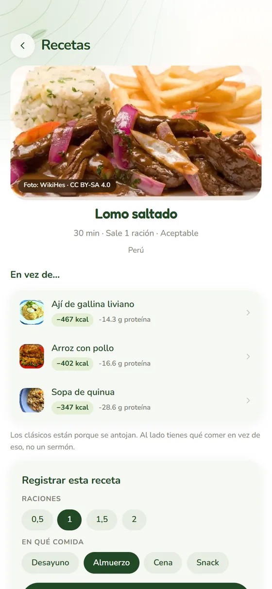 Ficha del lomo saltado en Kalori, con alternativas más ligeras