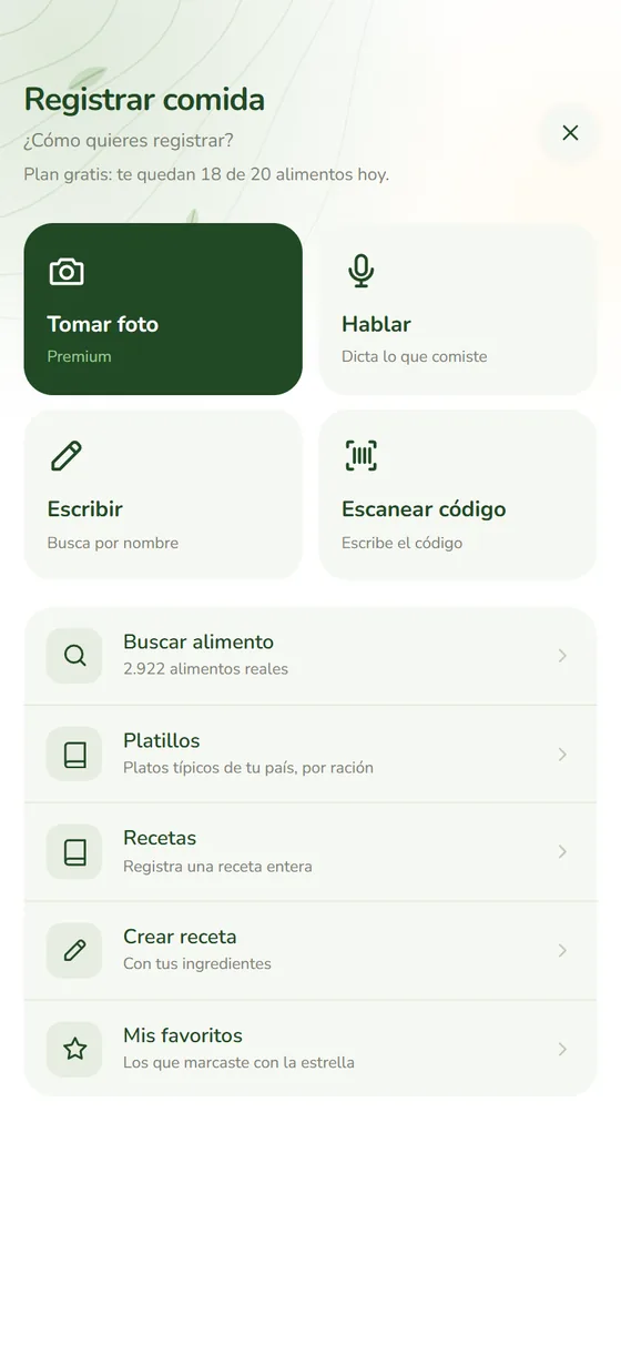 Pantalla Registrar comida de Kalori, con la opción Tomar foto